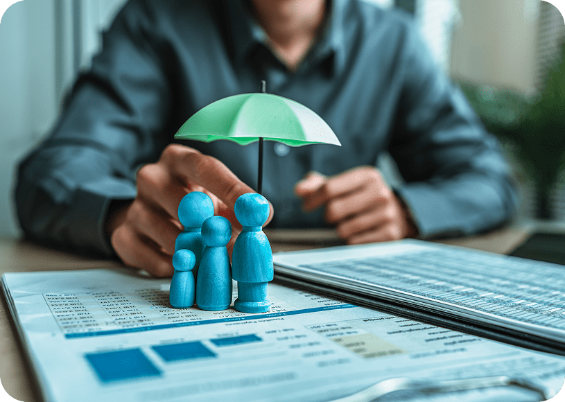 Insurance concept with family figures and umbrella